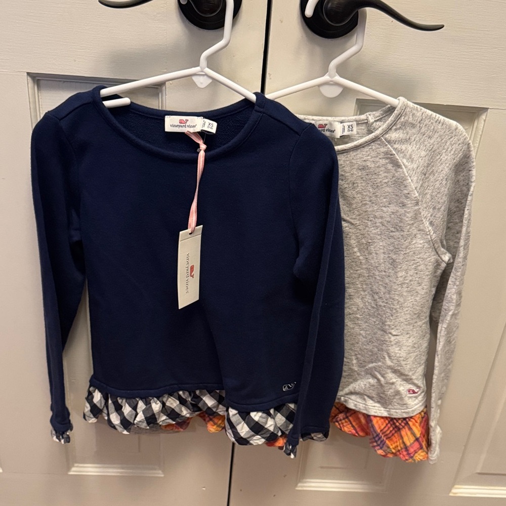 Vineyard Vines Navy and Gray Long Sleeve Peplum Shirts with Plaid Hem - Set of 2
